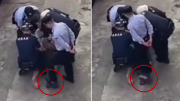 深圳民警多次踩压被制伏疑犯脚部。
