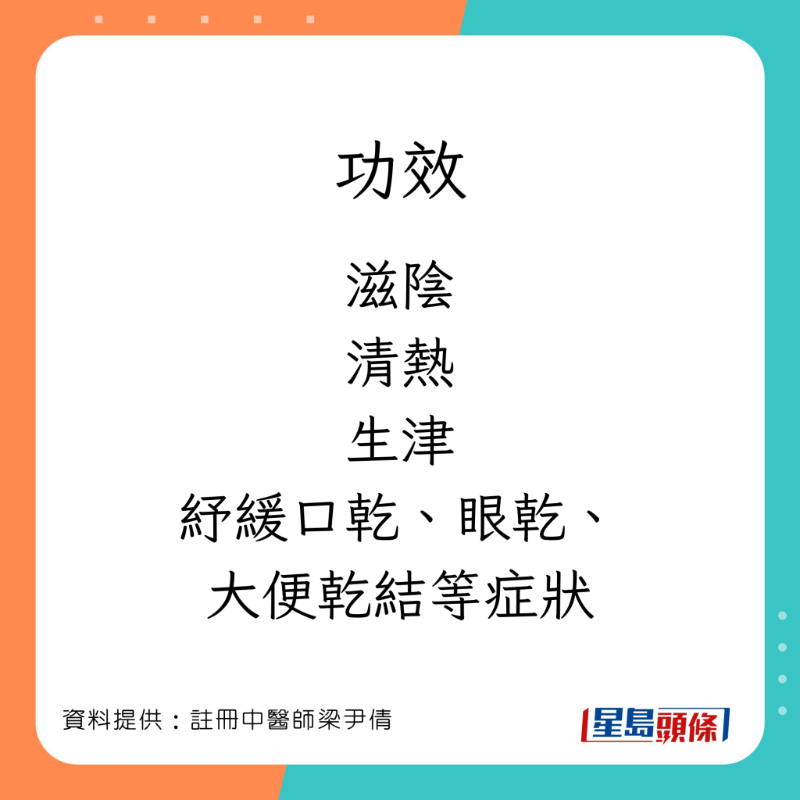 註冊中醫師梁尹倩為大家推介一款屬性平的滋潤茶療。