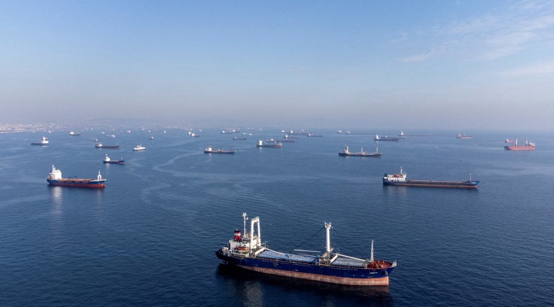 FILE PHOTO: Commercial vessels including vessels which are part of Black Sea grain deal wait to pass the Bosphorus strait off the shores of Yenikapi in Istanbul