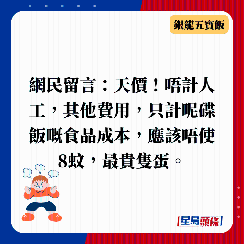 网民留言：天价！ 唔计人工，其他费用，只计呢碟饭嘅食品成本，应该唔使8蚊，最贵只蛋。