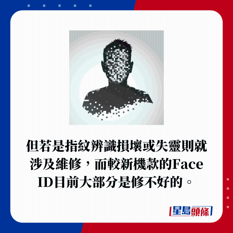 指纹识别损坏或失灵则就涉及维修,而较新机款的Face ID目前大部分是修不好的。