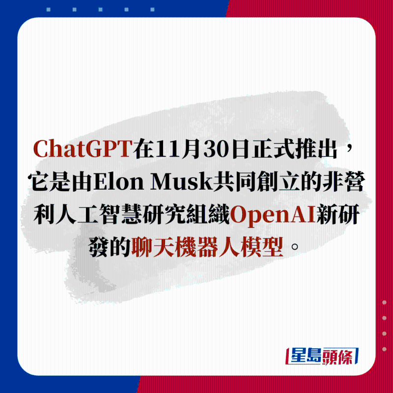 ChatGPT在11月30日正式推出，它是由Elon Musk共同創立的非營利人工智慧研究組織OpenAI新研發的聊天機器人模型。