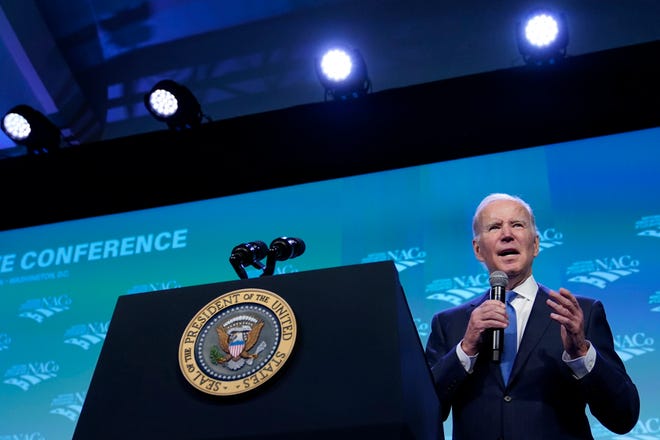 President Joe Biden speaks at the National Association of Counties 2023 Legislative Conference in Washington, Tuesday, Feb. 14, 2023. (AP Photo/Susan Walsh) ORG XMIT: DCSW107