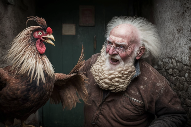 經歷癌症康復後的克勞斯(Jasper Kraus)慘遭一隻殘暴的婆羅門雞(Brahma Chicken)殺害。(張威翔製圖)