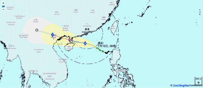 台风泰利路图。 台风泰利路图。