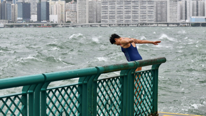 台风泰利:8号风球下黄埔花园海傍一带有市民游泳。 台风泰利:8号风球下黄埔花园海傍一带有市民游泳。