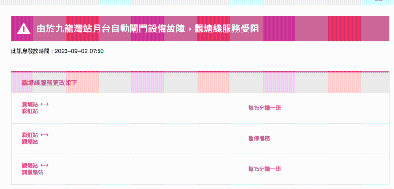 由于九龙湾站月台自动闸门设备故障,观塘线服务受阻,来往观塘站至彩虹站列车服务暂停。 由于九龙湾站月台自动闸门设备故障,观塘线服务受阻,来往观塘站至彩虹站列车服务暂停。