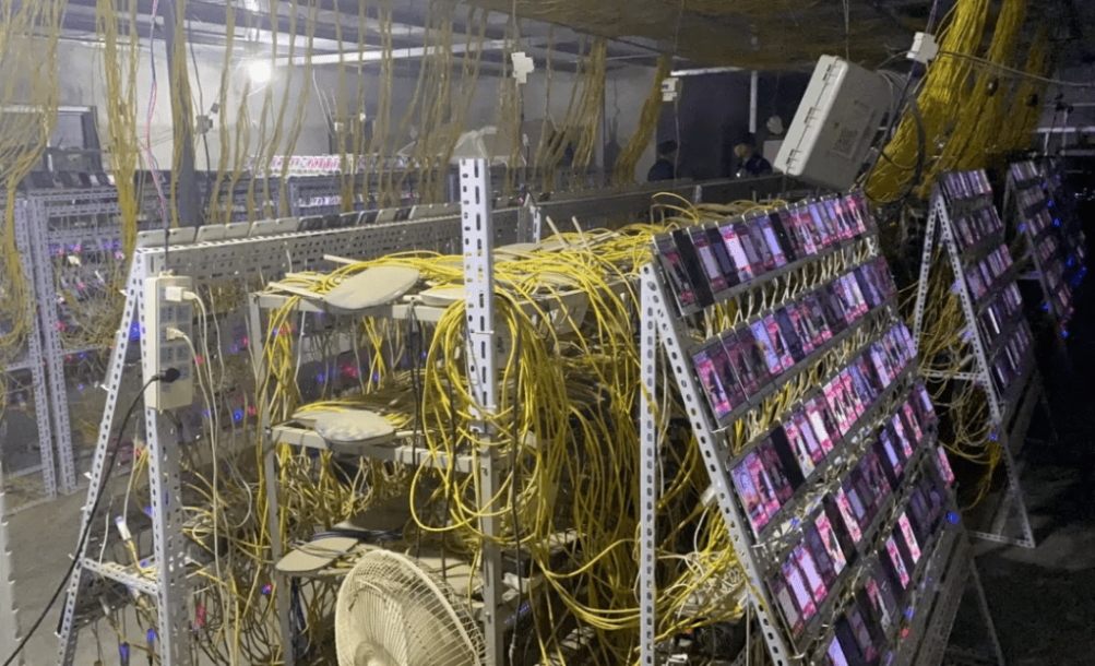 机房内有大量接充电线的手机。 机房内有大量接充电线的手机。