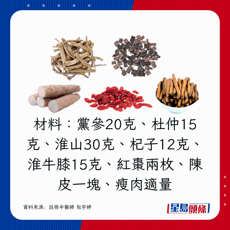 材料：党参20克、杜仲15克、淮山30克、杞子12克、淮牛膝15克、红枣两枚、陈皮一块、瘦肉适量