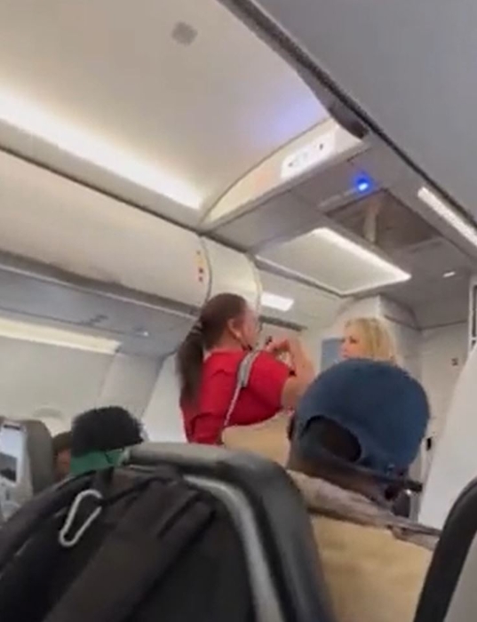 女子与机组人员交涉。 女子与机组人员交涉。