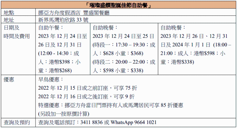 挪亚方舟度假酒店 丰盛阁餐厅—璀璨盛馔圣诞佳节自助餐—圣诞自助餐原价及优惠。