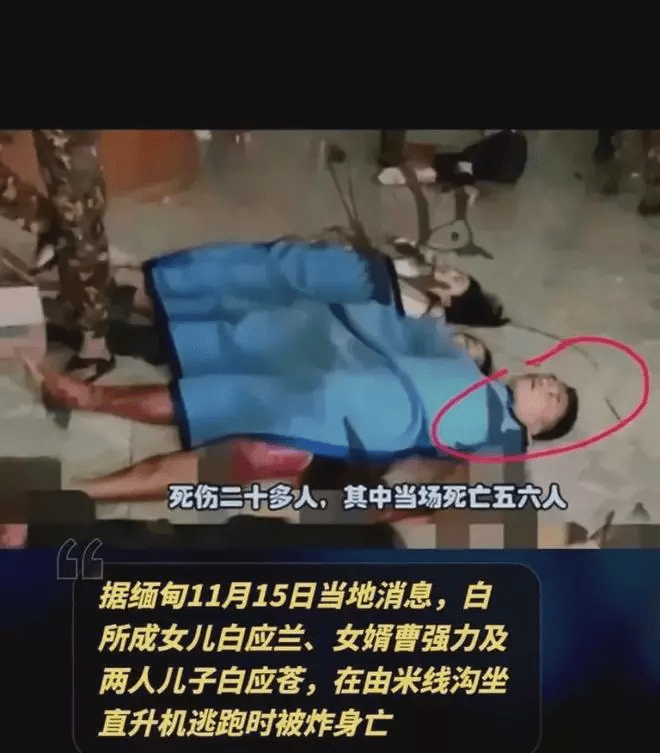 报道指,白所成女儿白应兰、女婿曹强力和二儿子白应苍坐直升机逃跑被炸死。 报道指,白所成女儿白应兰、女婿曹强力和二儿子白应苍坐直升机逃跑被炸死。