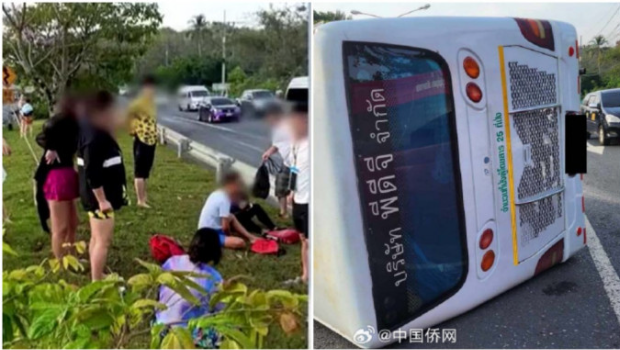 泰国旅游巴士翻车，致17名中国游客受伤。