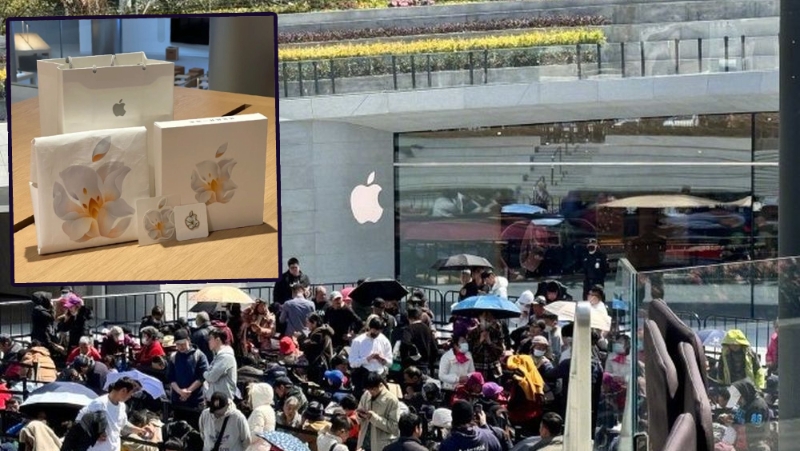 苹果上海静安寺新店开业前大排长龙