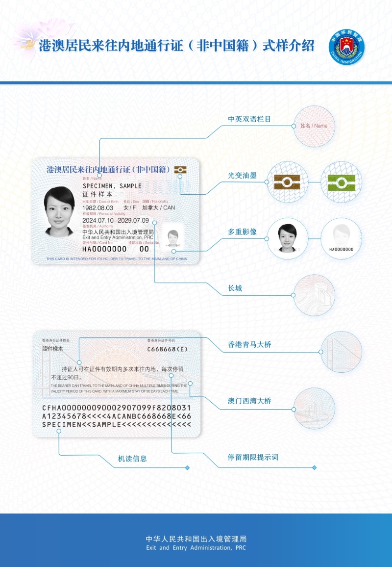港澳居民来往内地通行证（非中国籍）式样介绍。 国家移民管理局图