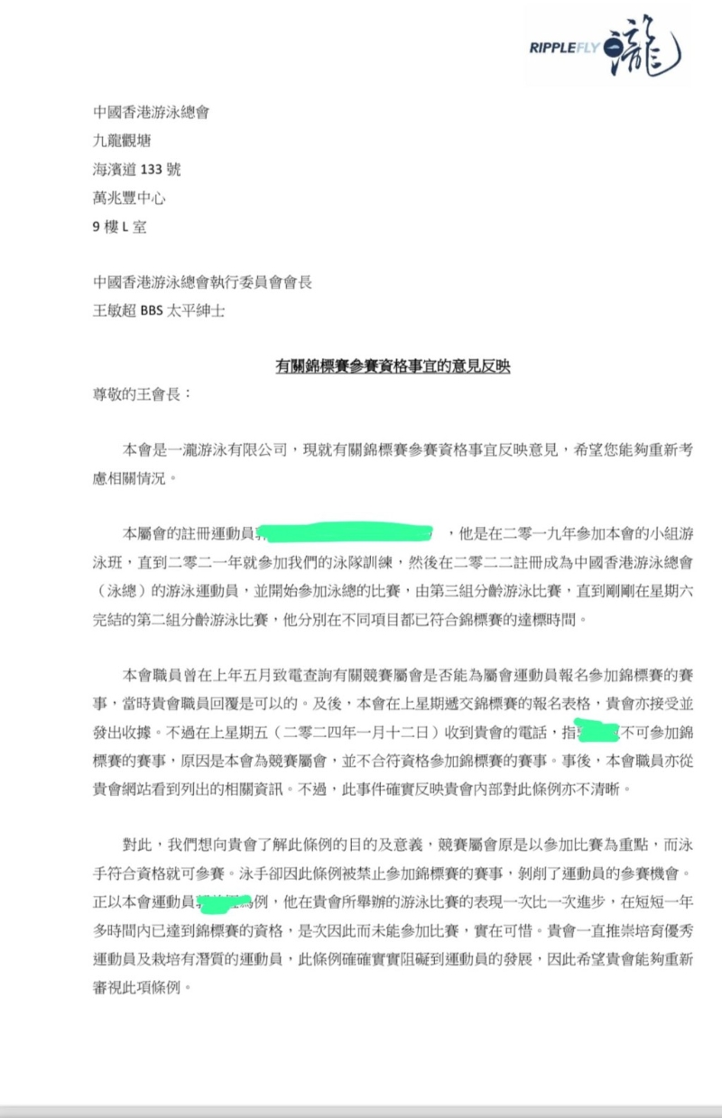 方力申早前去信泳总，为泳手寻求参赛资格。方力申提供图片