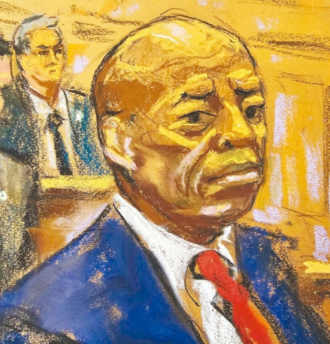 亚当斯于27日在曼哈顿联邦法庭过堂,对所指控的5项罪名均予以否认。 图为模拟庭审素描图。 路透社 亚当斯于27日在曼哈顿联邦法庭过堂,对所指控的5项罪名均予以否认。 图为模拟庭审素描图。 路透社