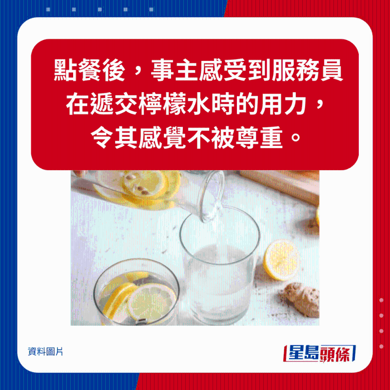 点餐后，事主感受到服务员在递交柠檬水时的用力，令其感觉不被尊重。