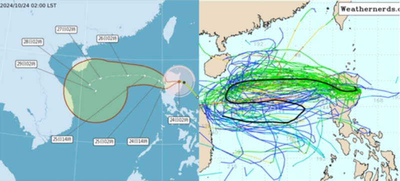 气象署潜势预测图（左）显示，明天潭美中心通过吕宋岛进入南海，27日至29日移速减慢，不确定范围明显扩大。最新欧洲模式系集模拟图（右）显示，各别模拟路径则近乎「麻花状」的分布。（翻摄气象推广基金会）