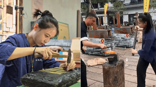 邹琦出身于铸剑世家,她每日打铁1小时学习工艺。(微博) 邹琦出身于铸剑世家,她每日打铁1小时学习工艺。(微博)