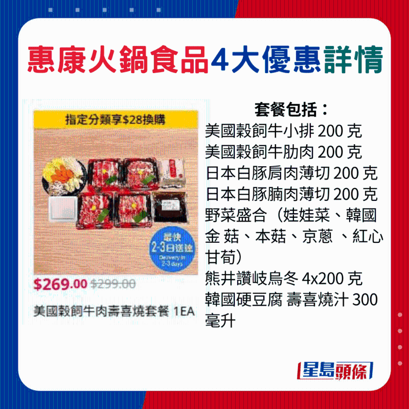 美国谷饲牛肉寿喜烧套餐包括： 美国谷饲牛小排200 克、美国谷饲牛肋肉200 克、日本白豚肩肉薄切200 克、日本白豚腩肉薄切200 克、野菜盛合（娃娃菜、韩国金菇、本菇、京葱、红心甘荀）、熊井赞岐乌冬4x200 克、韩国硬豆腐寿喜烧汁300 毫升