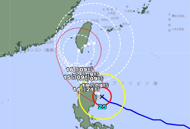 日本气象厅最新预报，天兔台风可能从南台湾登陆。