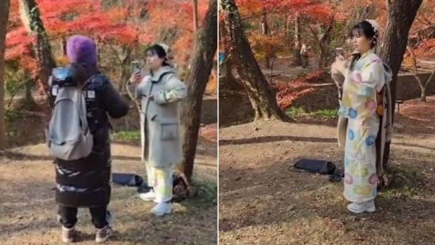 和服女在南京中山植物园被人追骂,要其脱下和服。影片截图 和服女在南京中山植物园被人追骂,要其脱下和服。影片截图