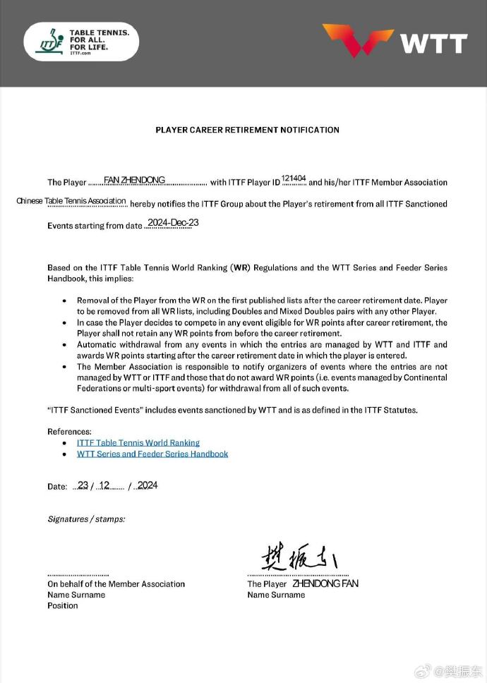樊振东宣布退出世界排名。 樊振东宣布退出世界排名。