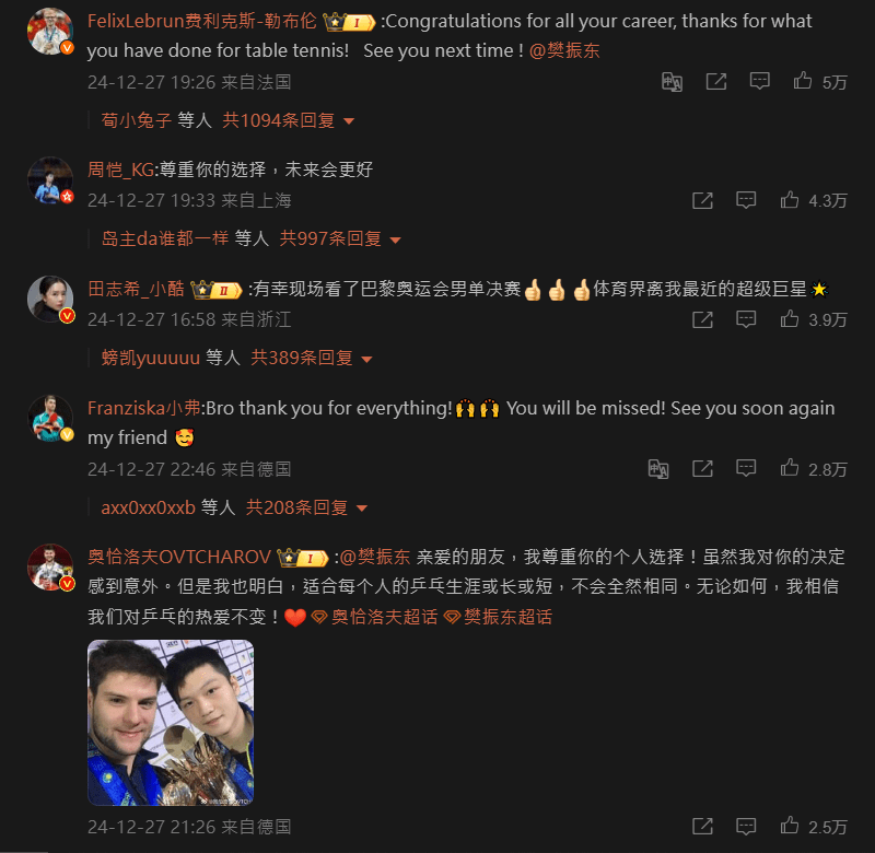 国外多名球手纷纷留言力撑樊振东。 国外多名球手纷纷留言力撑樊振东。