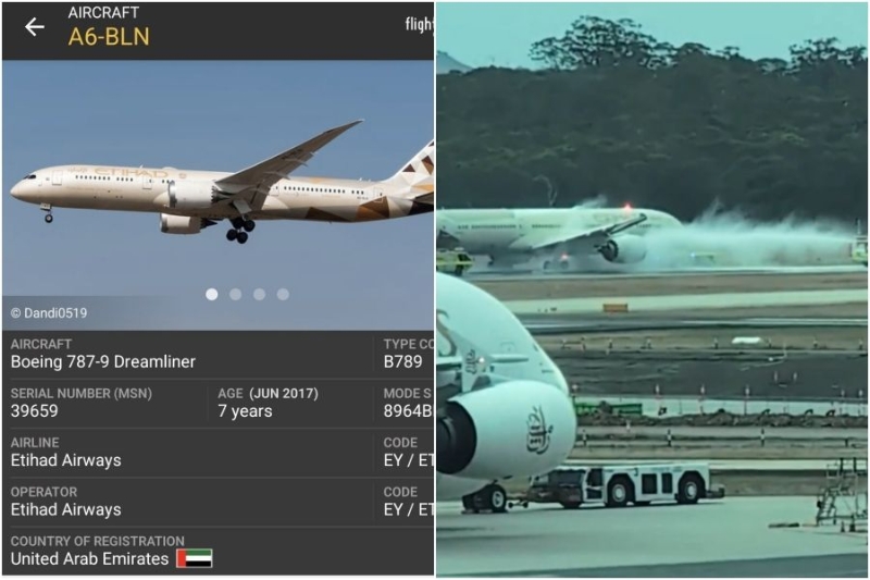 阿联酋阿提哈德航空(Etihad Airways)一架波音787起落架冒烟,当场爆胎。 阿联酋阿提哈德航空(Etihad Airways)一架波音787起落架冒烟,当场爆胎。
