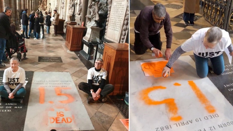 “停止石油”示威者涂污达尔文墓碑,抗议全球气温升破1.5°C。 “停止石油”示威者涂污达尔文墓碑,抗议全球气温升破1.5°C。