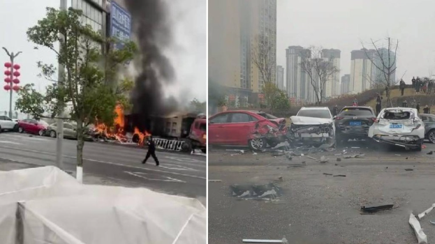 四川大货车失控多车追尾着火 四川大货车失控多车追尾着火