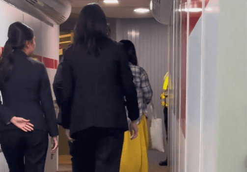 最终,闹事女乘客(格仔衫)被带下飞机。 最终,闹事女乘客(格仔衫)被带下飞机。