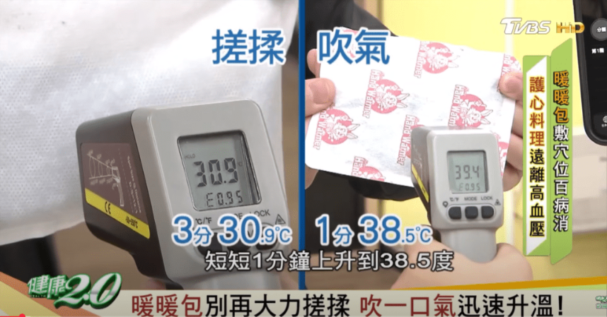 专家实测,对着暖包吹一口气,发热效果更好更快。(影片截图:节目《健康2.0》) 专家实测,对着暖包吹一口气,发热效果更好更快。(影片截图:节目《健康2.0》)