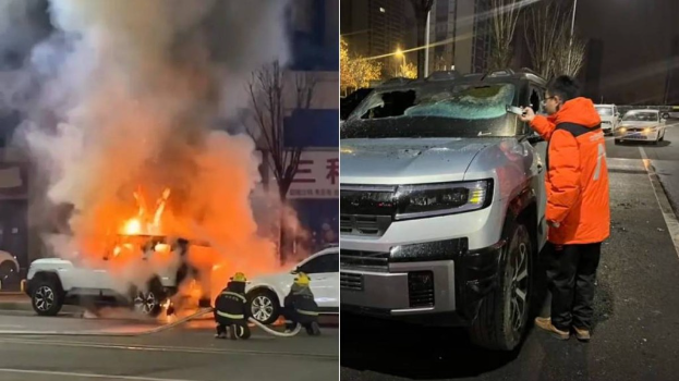 邱先生买入不足一个月的爱车被小孩的烟火引燃,烧至报废。 邱先生买入不足一个月的爱车被小孩的烟火引燃,烧至报废。