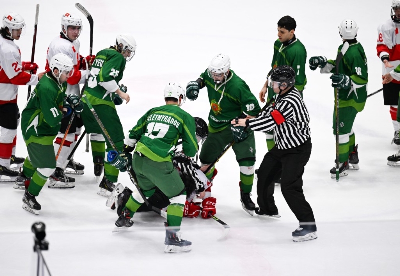 香港冰球队在亚冬会比赛中与土库曼斯坦队(绿衣)爆肢体冲突。 新华社记者 李紫恒 摄1 香港冰球队在亚冬会比赛中与土库曼斯坦队(绿衣)爆肢体冲突。 新华社记者 李紫恒 摄1