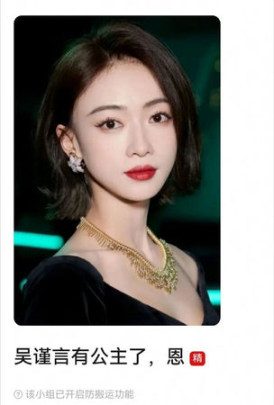 近日有网民在社交网上流传一张截图,写着:“吴谨言有公主了。”暗指她已产下一女。 近日有网民在社交网上流传一张截图,写着:“吴谨言有公主了。”暗指她已产下一女。