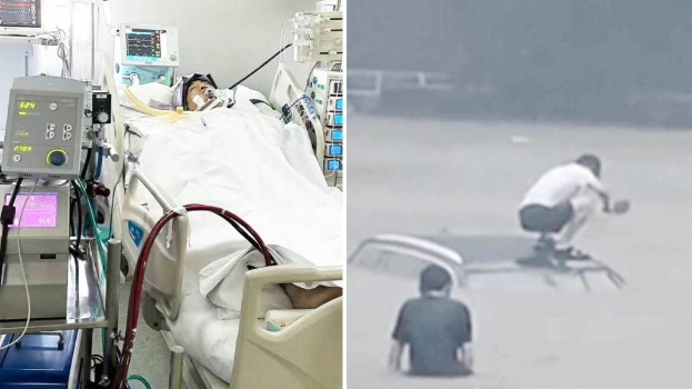 2021年郑州世纪暴雨中拿菜刀“劈”车救人的李坤朋,近日因突发疾病昏迷。 2021年郑州世纪暴雨中拿菜刀“劈”车救人的李坤朋,近日因突发疾病昏迷。