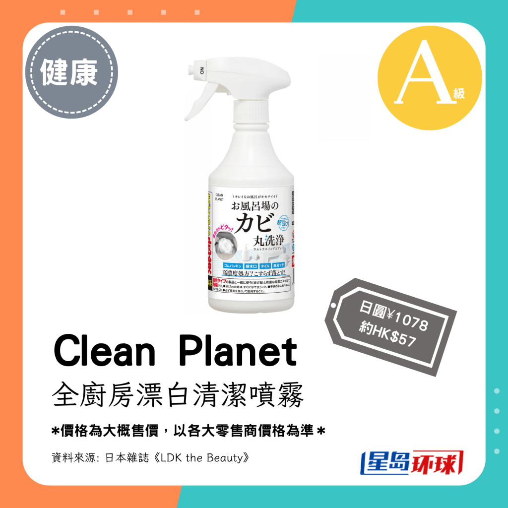 第2位(4.00分):Clean Planet全房漂白清洁喷(日圆¥1078,约HK$57) 第2位(4.00分):Clean Planet全房漂白清洁喷(日圆¥1078,约HK$57)