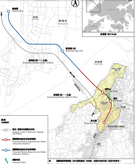 港深西部铁路走线跨越后海湾。 立法会文件截图 港深西部铁路走线跨越后海湾。 立法会文件截图