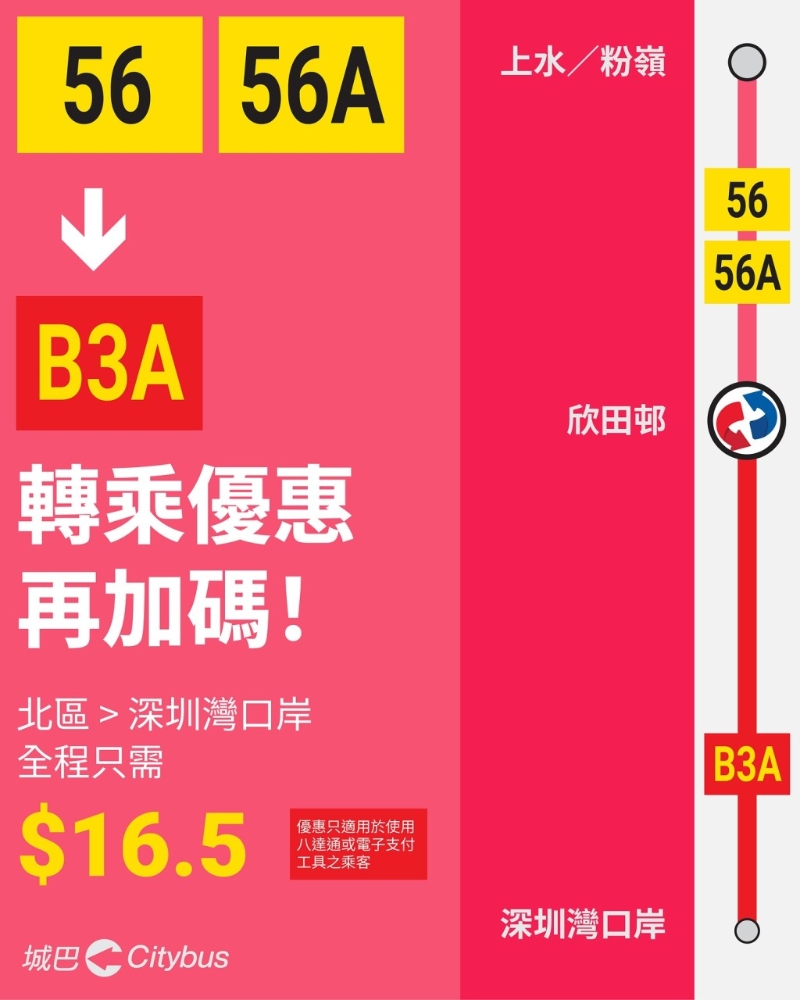 北区居民同样能享受特惠福利,利用56或56A号巴士,经欣田邨转乘B3A路线,即可直达深圳湾口岸,路线适合计划从深圳湾通关的市民。 北区居民同样能享受特惠福利,利用56或56A号巴士,经欣田邨转乘B3A路线,即可直达深圳湾口岸,路线适合计划从深圳湾通关的市民。