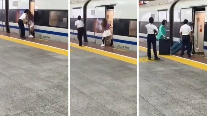 女乘客当日用身体阻挡车门。 女乘客当日用身体阻挡车门。