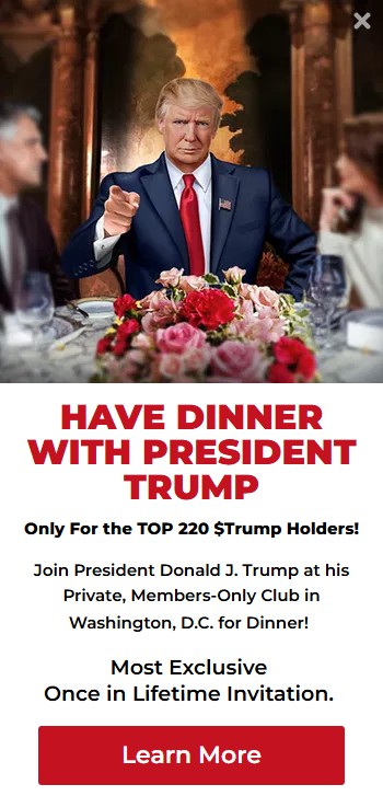 特朗普為個人迷因幣搞VIP晚宴。 gettrumpmemes.com