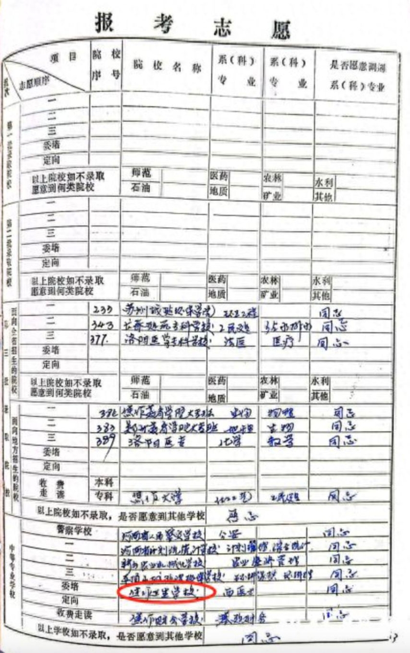 席南的报考志愿表。 席南的报考志愿表。