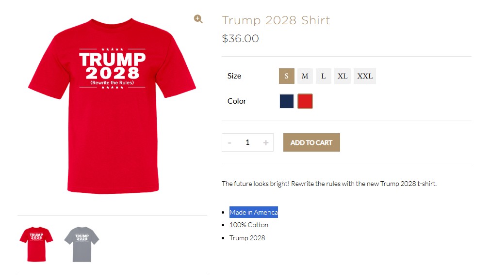 特朗普“Trump 2028”商品开卖,报称美国制造。 特朗普“Trump 2028”商品开卖,报称美国制造。