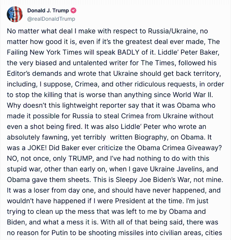 特朗普在社交平台指普京並不想停止戰爭。