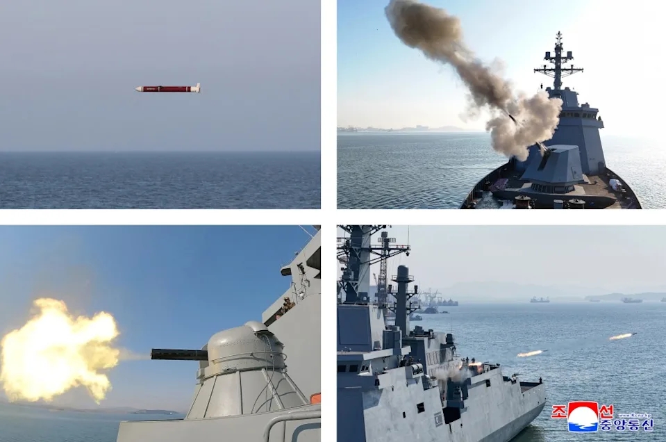 朝鲜公开“崔贤”号驱逐舰实弹射击画面。 朝鲜公开“崔贤”号驱逐舰实弹射击画面。