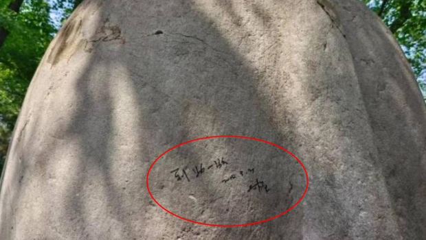 南京明孝陵石兽身上被写“到此一游”。上游新闻 南京明孝陵石兽身上被写“到此一游”。上游新闻