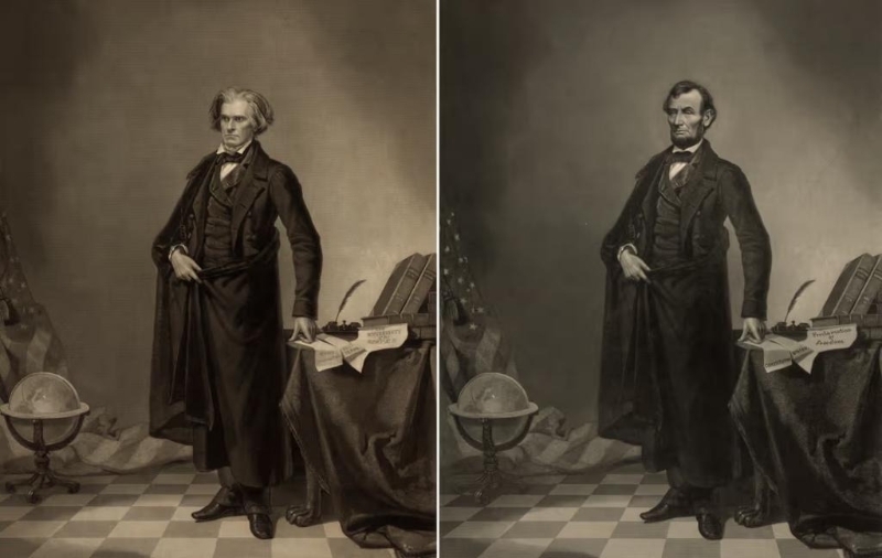 美国总统林肯遇刺身亡后,一幅展示他威严姿势的照片横空出世。 照片后来被证实为伪造。 美国国会图书馆 美国总统林肯遇刺身亡后,一幅展示他威严姿势的照片横空出世。 照片后来被证实为伪造。 美国国会图书馆