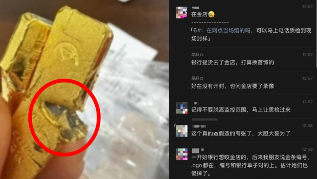 网民在群组上贴出的金条相片,见内里有灰色的杂质(红圈)。 网民在群组上贴出的金条相片,见内里有灰色的杂质(红圈)。